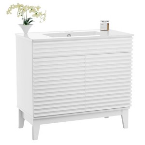 ROOMTEC 24 in. Bathroom Vanity with Ceramic Sink, Mid-Century Cabinet with 2 Soft-Close Doors, Freestanding, Wood Grain Laminate, Walnut - 1 of 4