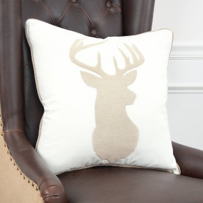 20" x 20" Light Beige Cotton Embroidered Deer Head Pillow Cover