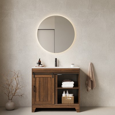 GDFStudio Resaca 36" Farmhouse Bathroom Vanity with Sliding Barn Door Storage, Dark Walnut