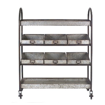 Storied Home Metal 4-Tier Cart with 6 Bins On Casters: Rolling Utility Organizer, No Assembly Tools Needed