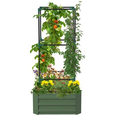 Outsunny Raised Garden Bed, 24" x 24" x 11.75" Galvanized Planter Box w/ Tomato Cage, Open Bottom for Climbing Vines