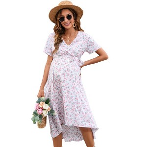 WhizMax Maternity Dress Cross V Neck Wrap Dress Lantern Short Sleeve Tie High Waist Dress A-Line Flowy Dress with Belt - 1 of 4