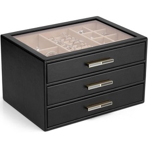 Jewelry Box for Women, Glass Lid Jewelry Organizer with 3 Drawers for Necklaces Rings Earrings Bracelets-Black - 1 of 4