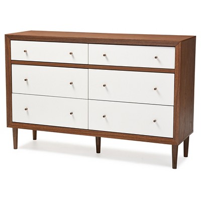 Harlow Mid-Century Modern Scandinavian Style Wood 6 Drawer Storage Dresser White/Walnut - Baxton Studio