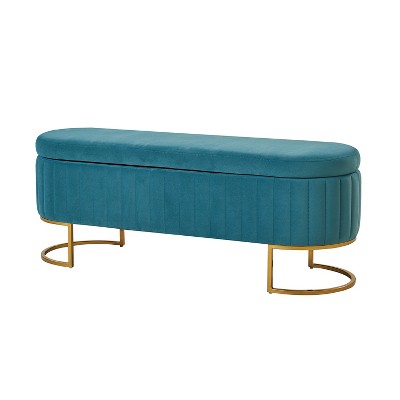 Nuria 49" Wide Modern Upholstered Flip Top Storage Bench with Golden Metal C-shaped Sled Legs for Living Room | ARTFUL LIVING DESIGN