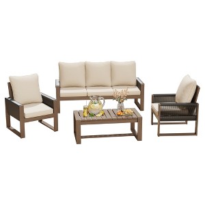 YARDSIGHT 4-Piece Outdoor Wicker Patio Furniture Set with 3-Seat Sofa, 2 Armchairs and Coffee Table, Thick Cushions Included - 1 of 4