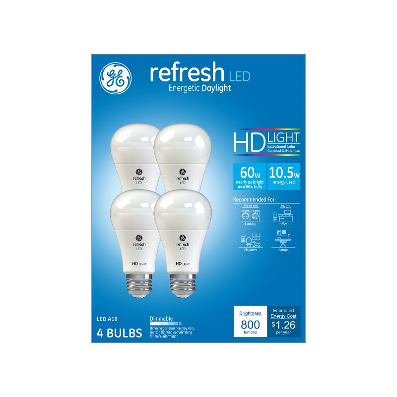 GE 4pk 10W 60W Equivalent Refresh LED HD Light Bulbs Daylight, 1 of 8
