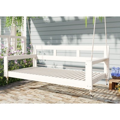 Twin Size Acacia Wood Outdoor Porch Swing Bed with Hemp Ropes – Minimalist Patio Daybed Frame, 1pc – Coolbibila