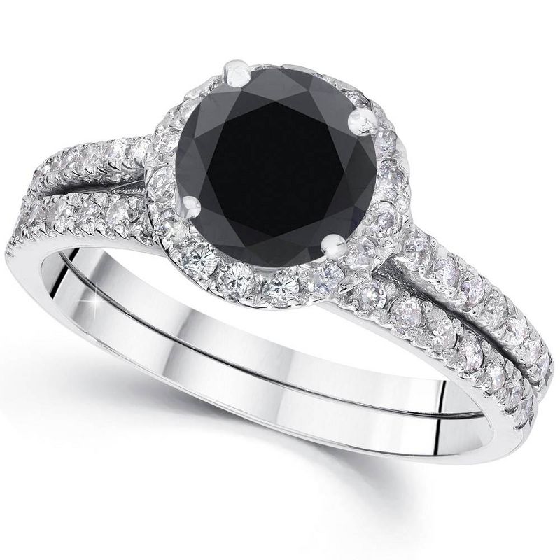 Pompeii3 2 1/2 Ct Treated Black Diamond Halo Engagement Wedding Ring Set 14K White Gold, 4 of 6