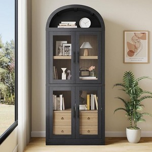 Arched Pantry Cabinet with Doors ，Wood Bookcase with 2 Drawers  Modern Display Storage Cabinet for Kitchen, Dining Room - 1 of 4