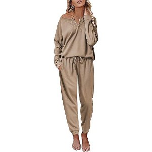 Ekouaer Pajamas Women's Waffle Knit Sleepwear Long Sleeve Top with Pants Casual Pjs Loungewear - 1 of 4