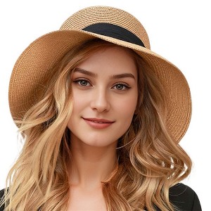 Anna-Kaci Wide Brim Straw Sun Hat with Black Ribbon Bow Adjustable Chin Strap Inner Sweatband for Outdoor and Travel Use - 1 of 4