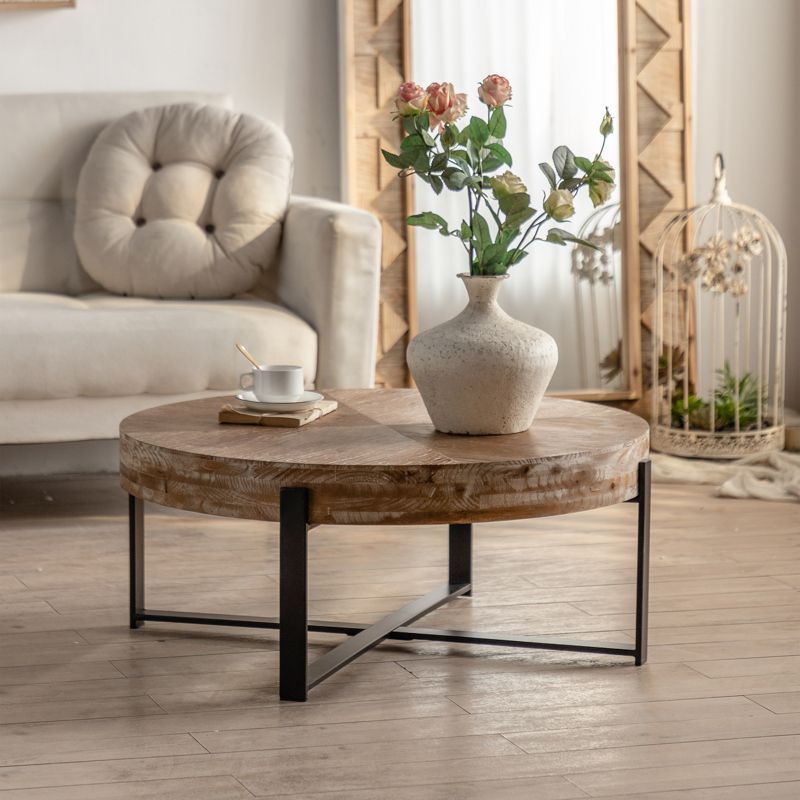 31.29" Modern Retro Splicing Fir Wood Top Round Coffee Table With Cross Legs Metal Base - ModernLuxe, 1 of 11
