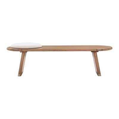 Samantha Cognac Acacia Bench with Gold Accents and Boucle Seat