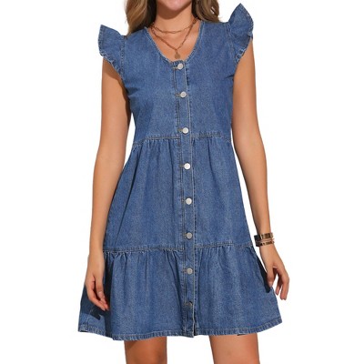 INSPIRE CHIC Women's V-Neck Cap Ruffle Sleeve Button Down Denim Dress
