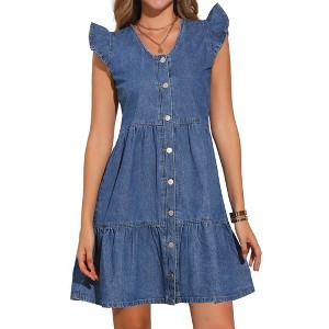 INSPIRE CHIC Women's V-Neck Cap Ruffle Sleeve Button Down Denim Dress - 1 of 4