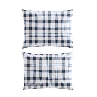 Navy Blue Plaid Cotton Full/Queen Duvet Set with Shams