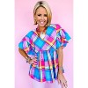 I AM A FASHION JUNKY Sky Blue Colorful Plaid V Neck Ruffled Babydoll Blouse Sky Blue S - 3 of 4
