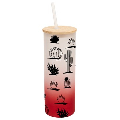 Elanze Designs Succulent Cactus Desert Plant Wrap-Around Design 25 Ounce Frosted Gradient Glass On-The-Go Coffee Travel Skinny Tumbler Mug Cup, Bamboo