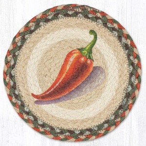 Earth Rugs Chili Pepper Round Trivet – 10" Spicy Red Pepper Print on Braided Natural Jute Table Mat - 1 of 3