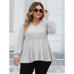 Coolmee Women's Plus Size Lantern Sleeve Sweater V Neck Doll Shirt Casual Knitted Sweater - 1 of 4