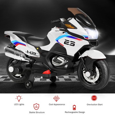 White 12-Volt Kids Ride-On Motorcycle with Training Wheels