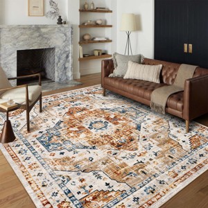 AMERLIFE Foldable Washable Medallion Area Rug, Turkish Vintage Style, Non-Slip Soft Carpet, Entryway - 1 of 4