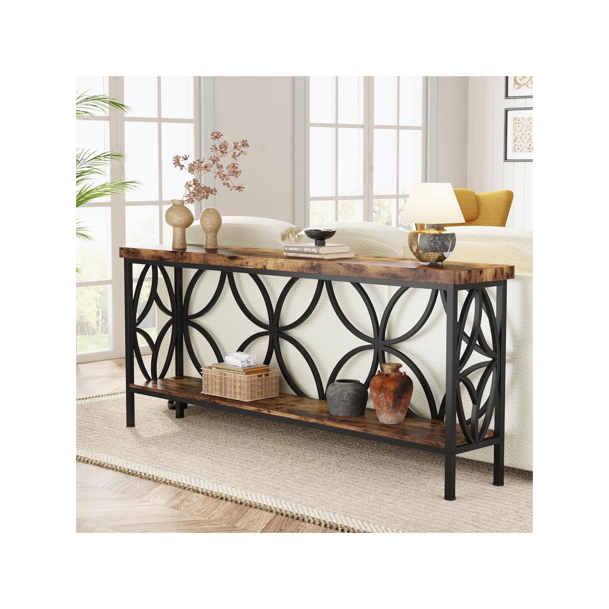 LITTLE TREE 70.9" Narrow Entryway Console Table with Storage Shelf Rustic Brown