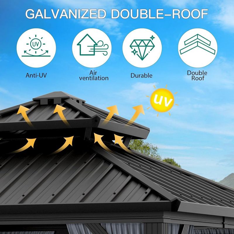 Hardtop Gazebo Double Roof Galvanized Iron Alum with Curtains & Netting, 3 of 7