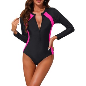 INSPIRE CHIC Women's Long Sleeve Sporty Scoop Neck Zipper Surfing Swimwear Monokini Sets 1 Piece - 1 of 4