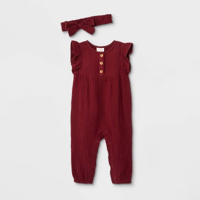 Image of Baby Girls' Gauze Romper with Headband - Cat & Jack™ Red 0-3M