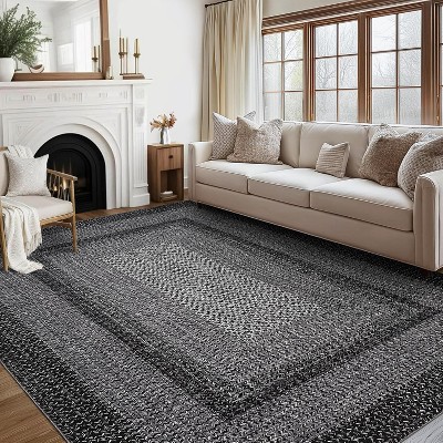 Area Rug Braided Printed Throw, Non-Slip Low Pile Accent Carpet, Foldable Soft Floor Cover for Bedroom or Living Room, Mocha