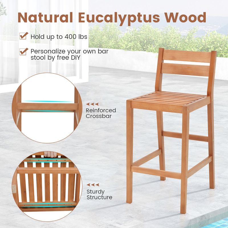 Tangkula Patio Eucalyptus Wood Bar Stools Set of 2 Outdoor Bar Height Patio Chairs w/ Cushions, 5 of 8