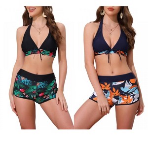 INSPIRE CHIC Women's Leaf Print Color Block Halter Top Boyshorts Bottom Swimwear Bathing Bikini Suits 2 Sets - 1 of 4