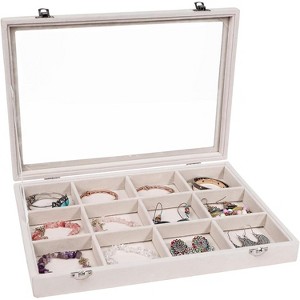 12-Grid Stackable Jewelry Tray with Lid, Velvet Organizer Box for Bracelets and Necklaces, Drawer Storage, Beige - 1 of 4
