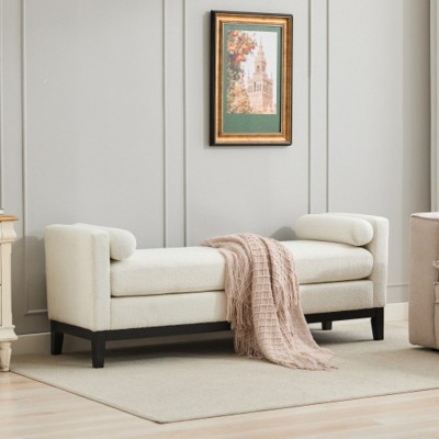 Elegant Upholstered Bench,Fabric Boucle,Daybed, Ottoman Bench With Wood Legs And 2 Bolster Pillows,Indoor Bench For Bedroom-Cuddlewood