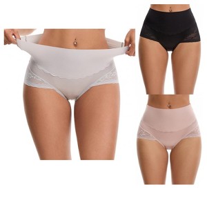 INSPIRE CHIC Women's Hi-Cut Satin High Waisted Lace Trimmed Tummy Control Underpants Briefs 3 Packs - 1 of 4