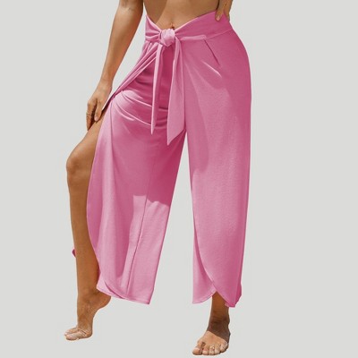 Amaryllis Women’s Tulip Hem Palazzo Pants Front Tie Detail High Waist Lightweight Draped Leg Flowy Resort Pants