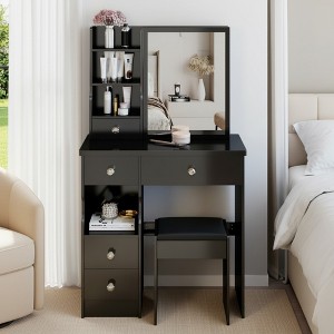 FONTOI 29.2"W/37"W/41"W Makeup Vanity Table with Left Drawer Stool Large Sliding Mirror Capacity Storage for Bedroom Dressing Room, White/Black - 1 of 4