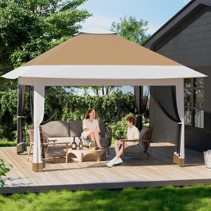 12X12 FT Pop Up Gazebo, Instant Canopy Gazebo with Mosquito Net & Double Roof, Adjustable Height Canopy Tent, UV Resistant Outdoor Shelter, Khaki - 1 of 4