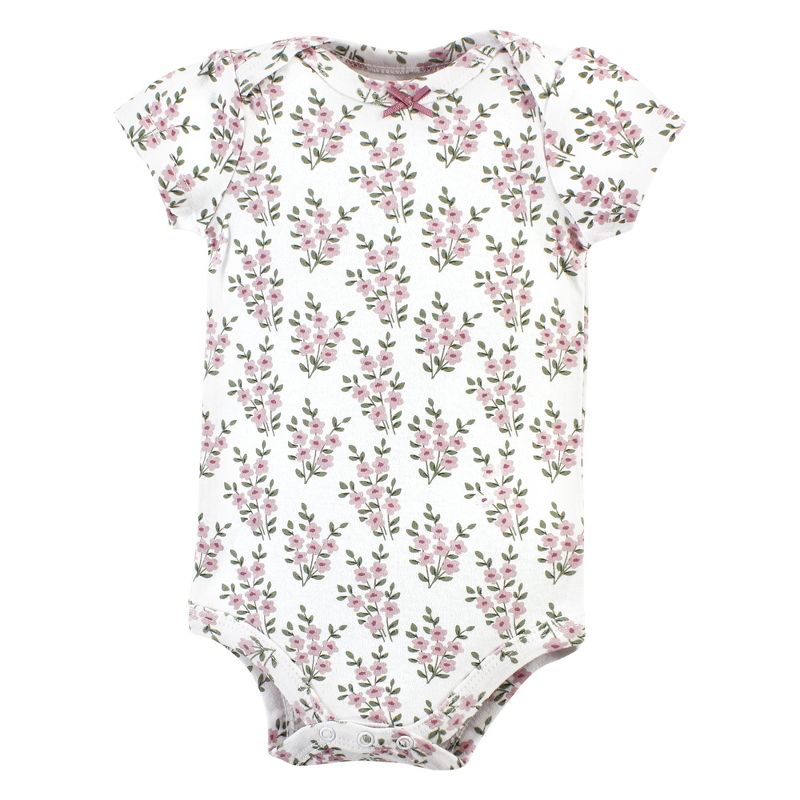 Hudson Baby Infant Girl Cotton Bodysuits, Plum Wildflower 5 Pack, 5 of 8