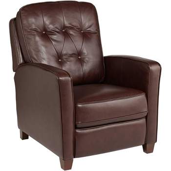 Elm Lane Livorno Chocolate Genuine Leather Recliner Chair Modern Armchair Comfortable Push Manual Reclining Footrest Tufted for Bedroom Living Room