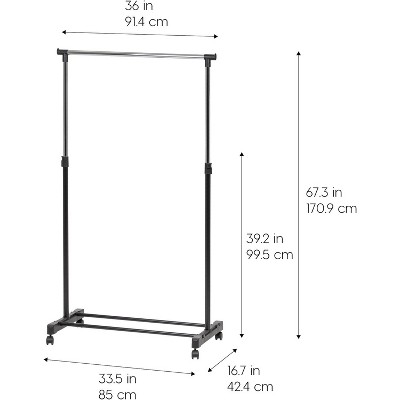 Adjustable Black Metal Single Rod Garment Rack with Wheels