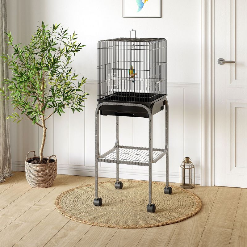 PawHut 44.5" Metal Indoor Bird Cage Starter Kit With Detachable Rolling Stand, Storage Basket, And Accessories - Black, 3 of 9