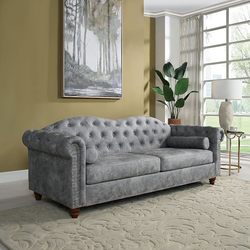 81.25" Chesterfield Classic Upholstered Tufted Sofa Couch with Nailhead Accents, Scrolled Arms, and Turned Legs-ModernLuxe, 2 of 8