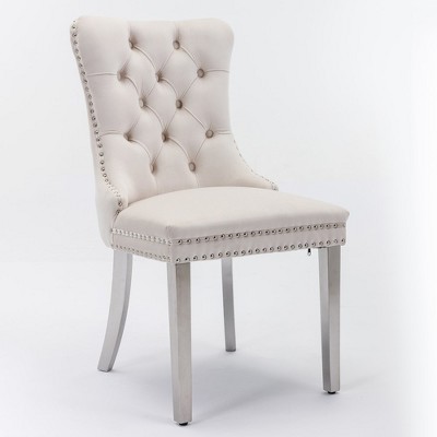 Button Tufted Dining Chair 24.6 x 19.7 x 37.5in Velvet Fabric Kitchen Side Chair with Nailhead Trim for Dining Room Beige