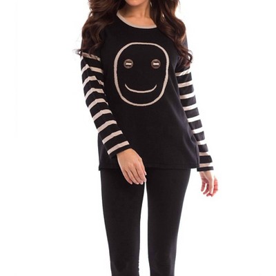 Women's Wood Button Smiley Face Pullover - ANGEL