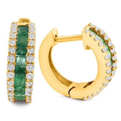Pompeii3 1 3/4Ct TW Princess Cut Emerald Hoops 10k Yellow Gold Women's Earrings 3/4" Tall
