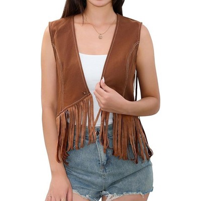 Acekool Women’s 70s Fringe Denim Vest – Sleeveless Western Crop Vest, Colorblock Cowboy Style Outwear with Tassel Hem