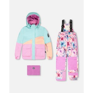 Deux par Deux Girl Two-Piece Play Snowsuit Pink Watercolor Flower Print - 1 of 4